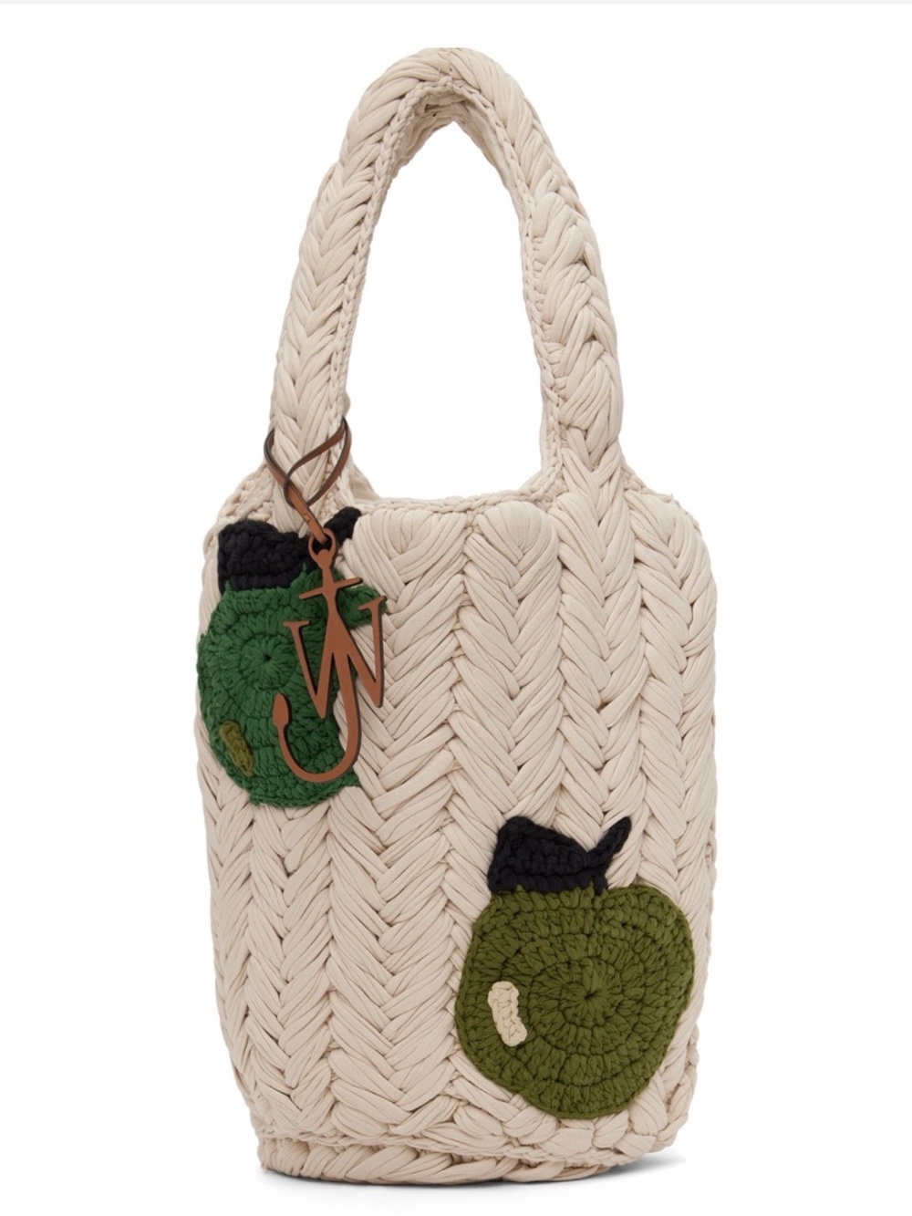 Cream Braided Bucket Bag with Green Crochet Accents